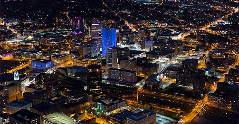Aerial view or downtown Rochester at night