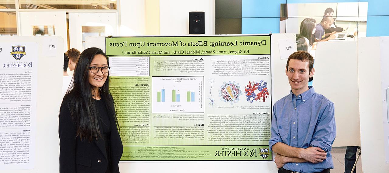 Two students standing in front of their research project poster at a poster session.